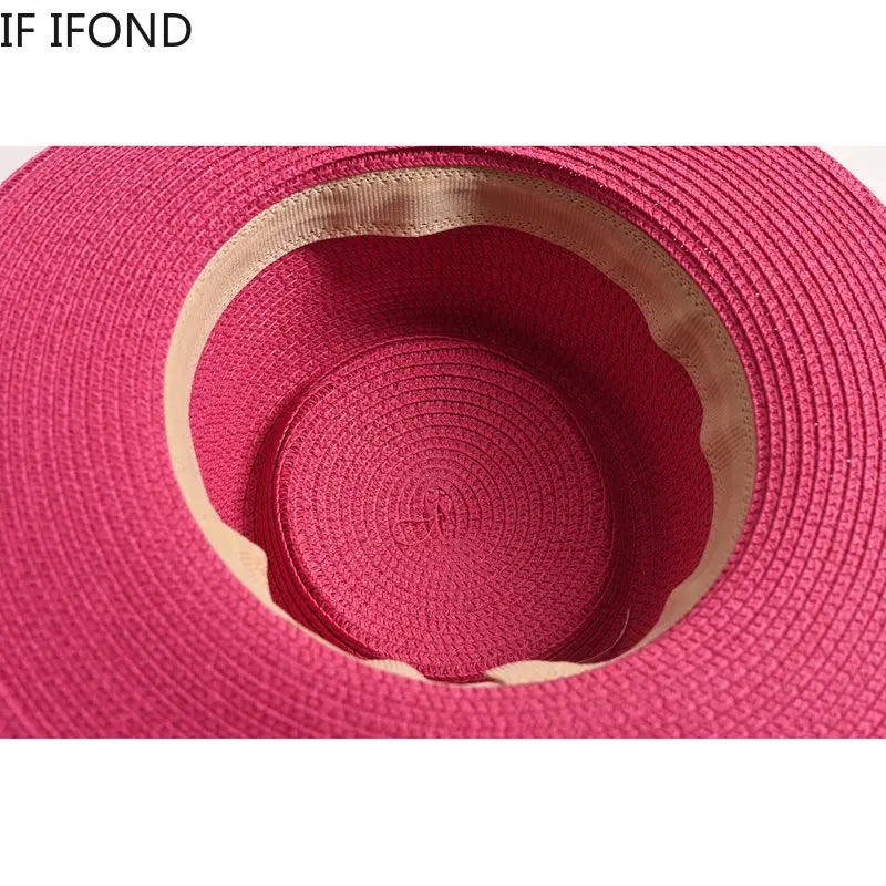 Women's Straw Sun Hat Flat Brim Ribbon Beach Hat