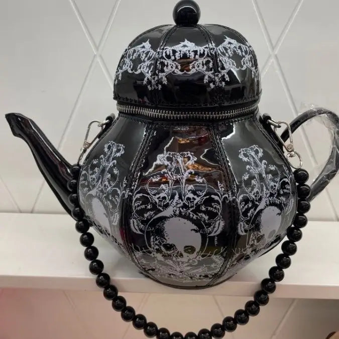 Vintage Gothic Black Skull Teapot Shape Handbag