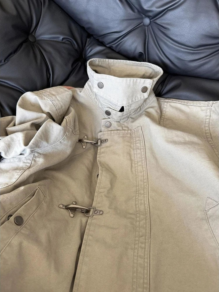 Mens Jacket Harajuku American Vintage Streetwear Buckle Short Workwear Coat Stand Collar Loose Fit