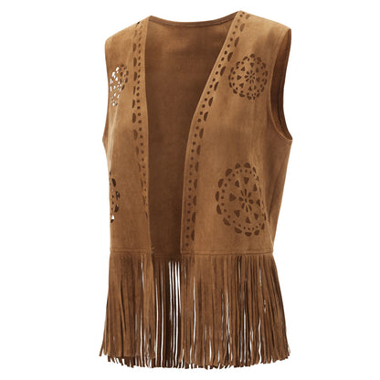 Fringe Faux Suede Vest – Women's Tassel Open-Front Western Jacket