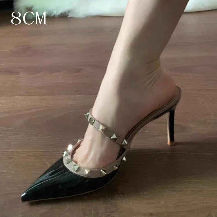 Rivet Pointed-Toe Stiletto Mule Heels with Ankle Strap
