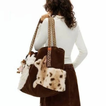 Retro Sweet Cute Cat Tote Bag Women Plush Large Capacity