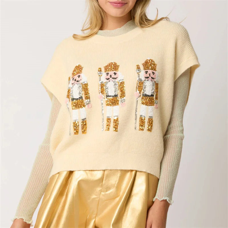 Ugly Christmas Vests Women Sequin Nutcracker Santa Sweaters Shirt Holiday Sparkly Graphic Crewneck