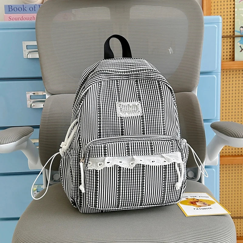 Sweet Style Girls Backpack – Cute Striped School Bag with Doll Charm