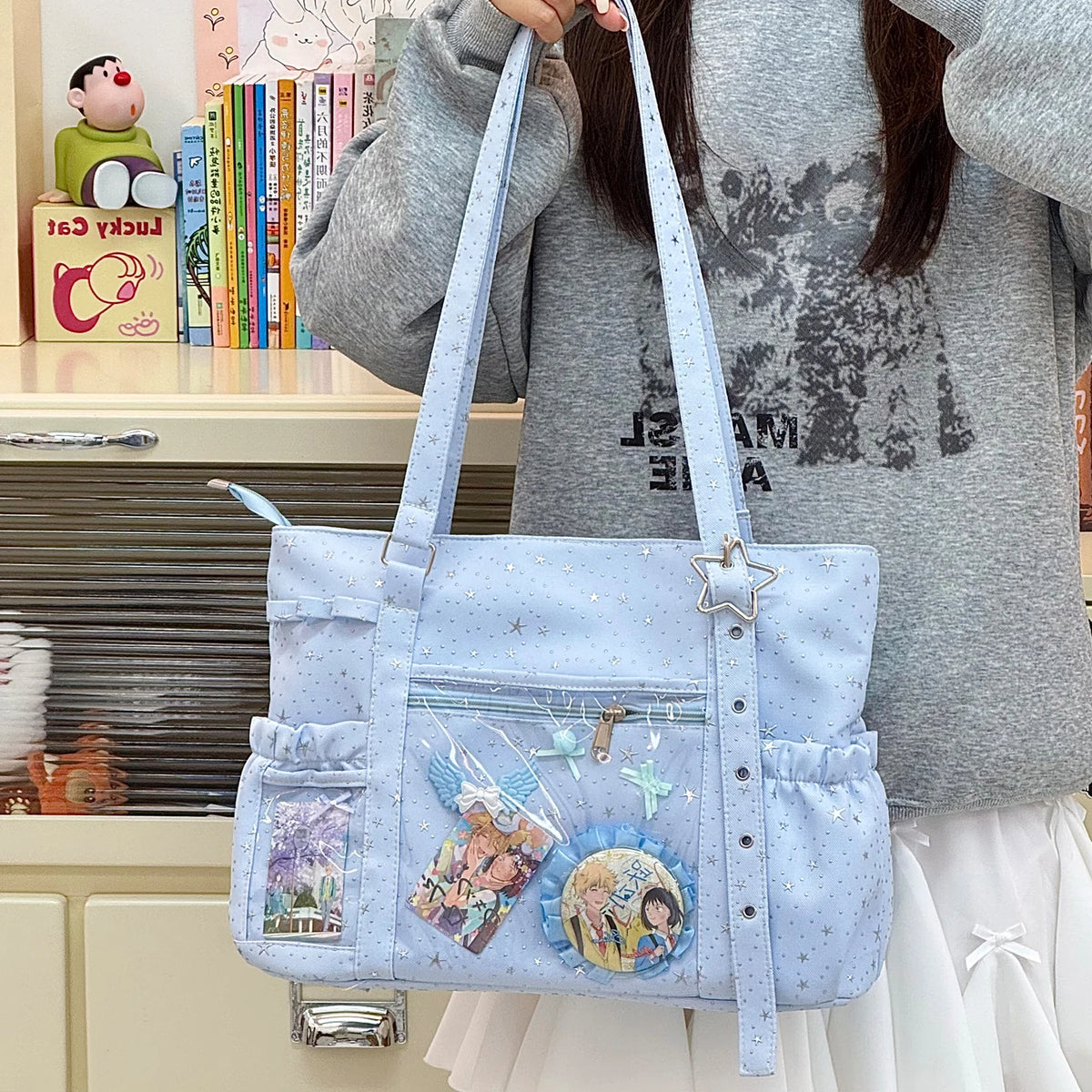 Star Print Nylon Tote Bag – Women's Shoulder Bag with Clear Pocket