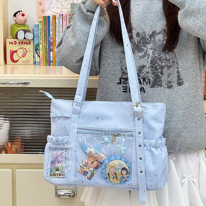 Star Print Nylon Tote Bag – Women's Shoulder Bag with Clear Pocket