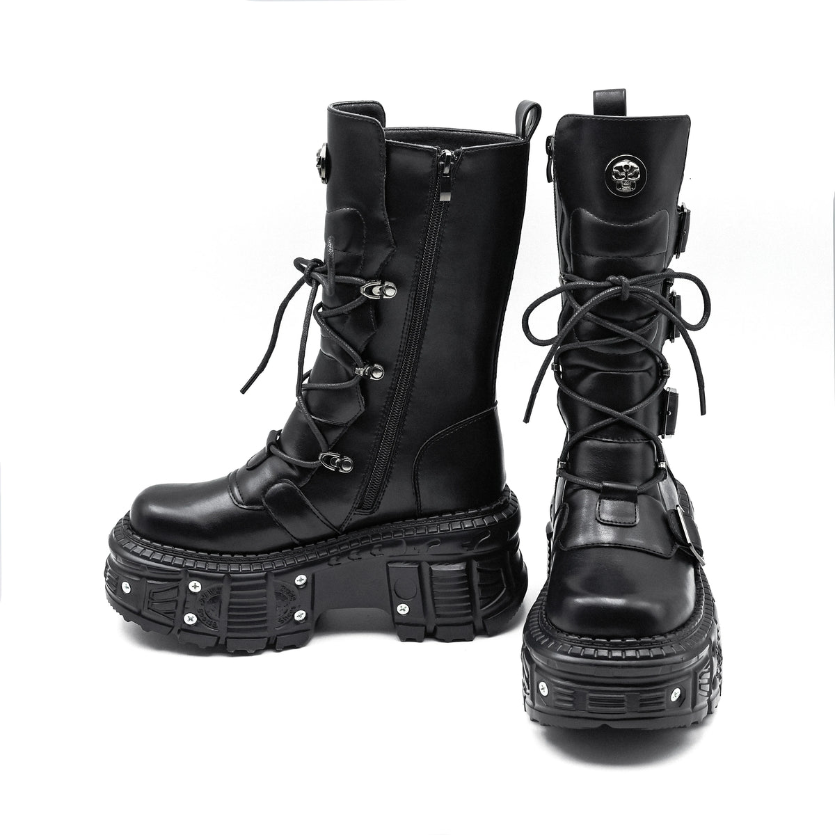 Punk Style Women Shoes Lace-Up Platform Woman Rock Boots Metal Decor Thick Bottom Street Shot Knight