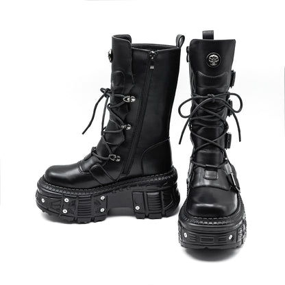 Punk Style Women Shoes Lace-Up Platform Woman Rock Boots Metal Decor Thick Bottom Street Shot Knight