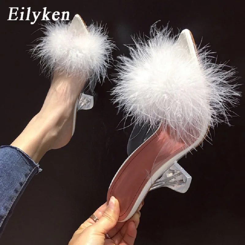 Feather Fur Clear Heel Mule Pumps for Women – Pointed Toe Slides