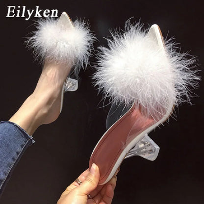 Feather Fur Clear Heel Mule Pumps for Women – Pointed Toe Slides