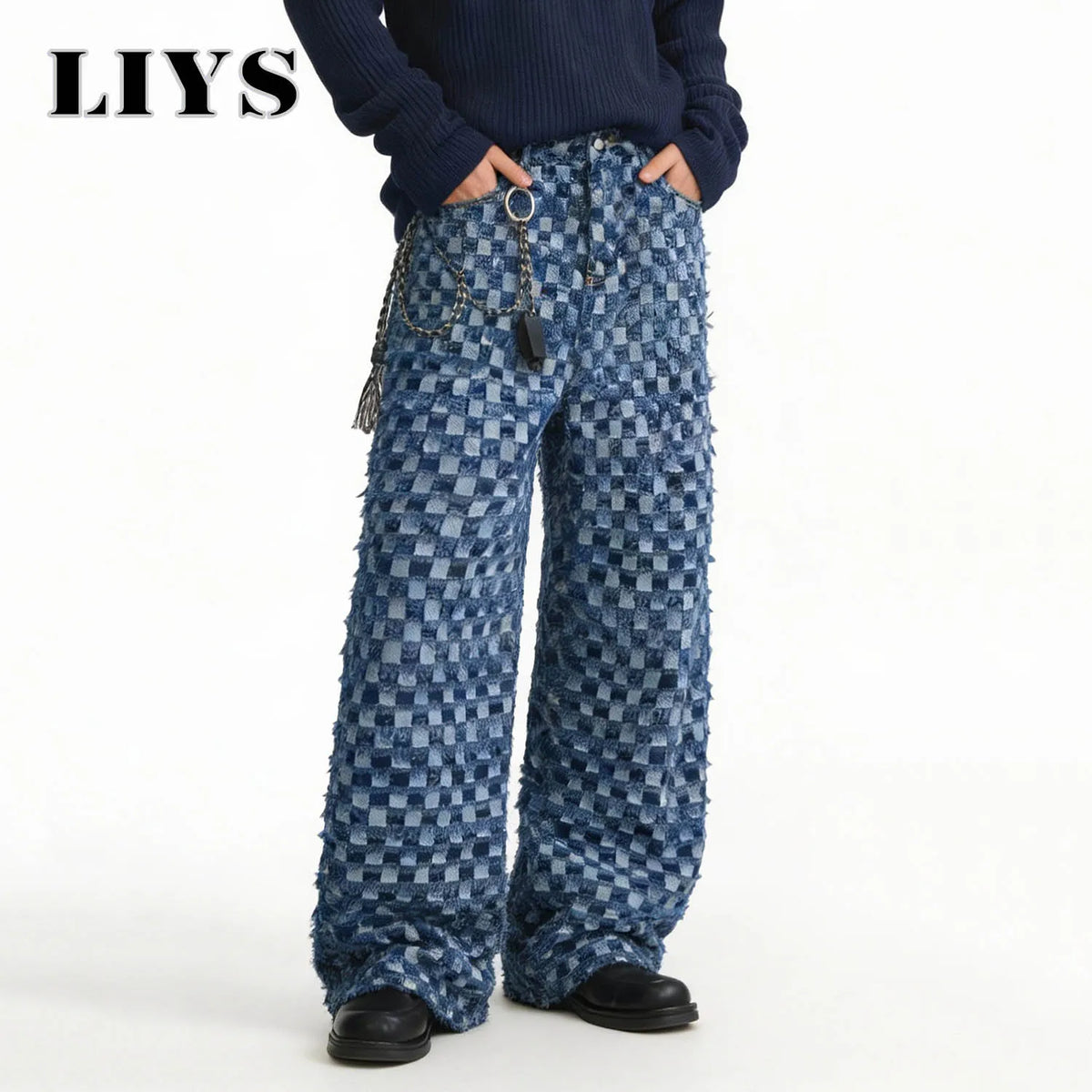 Checkerboard Jacquard Baggy Wide Leg Jeans – Korean Style