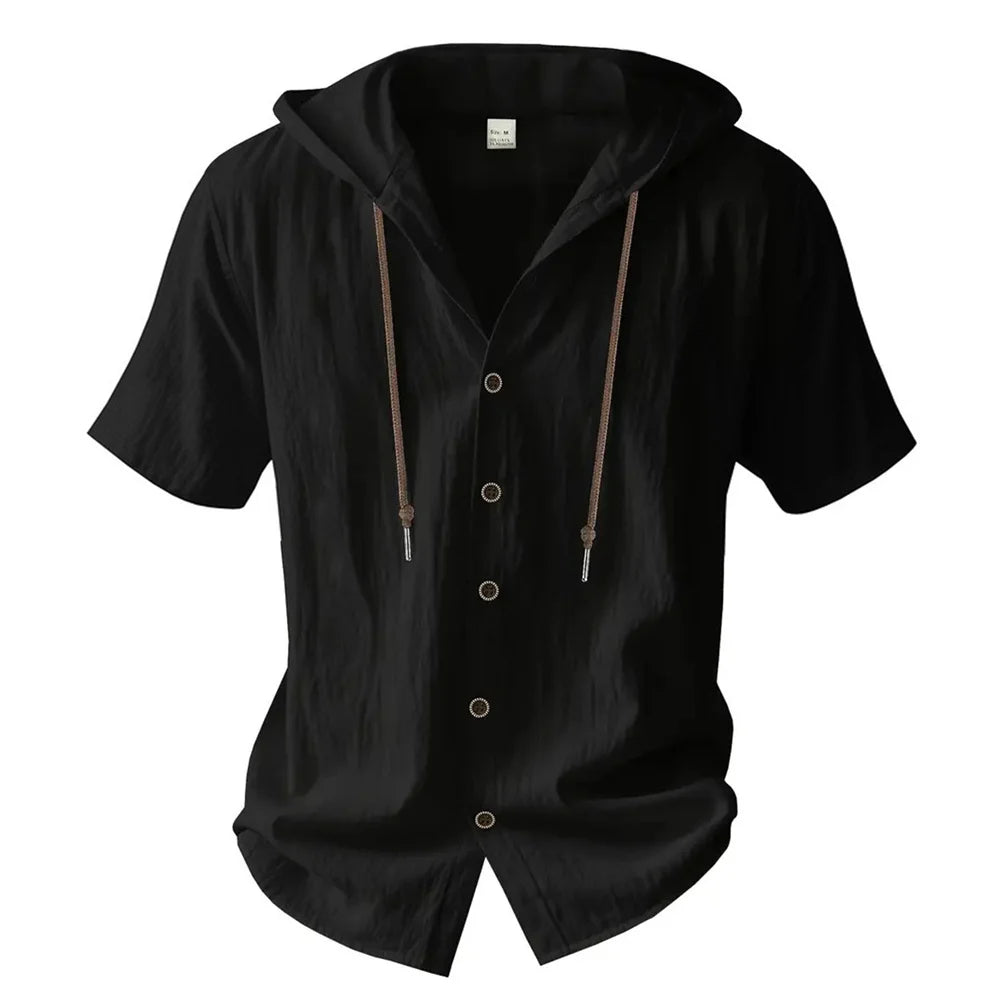 Men's Cotton Linen Hooded Shirt – Short Sleeve Button-Up with Drawstring