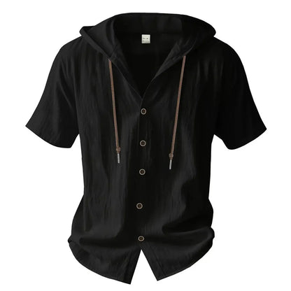 Men's Cotton Linen Hooded Shirt – Short Sleeve Button-Up with Drawstring