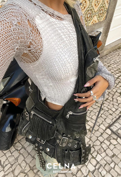 Leather Rivet Shoulder Bag – Edgy Patchwork Underarm Hobo Bag