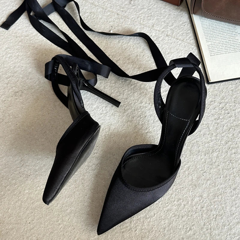 Stiletto Heel Ankle Strap Pumps – Pointed Toe Satin Heels
