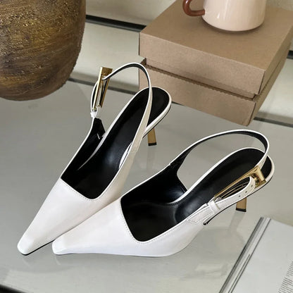 Pointed Toe Slingback Pumps with Metal Buckle Strap