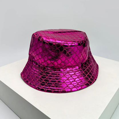 Holographic PU Leather Bucket Hat – Reflective Unisex Fisherman Cap
