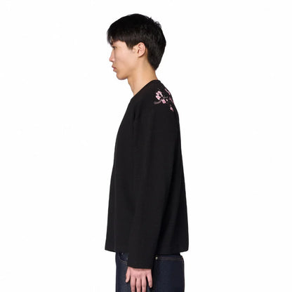 Cherry Blossom Embroidery Waffle Knit Long Sleeve T-Shirt