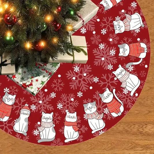 Christmas Tree Skirt – Snowflake Cat Pattern Holiday Decor