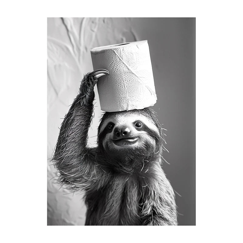 Funny Bathroom Wall Art Poster – Black & White Animal Toilet Paper Print