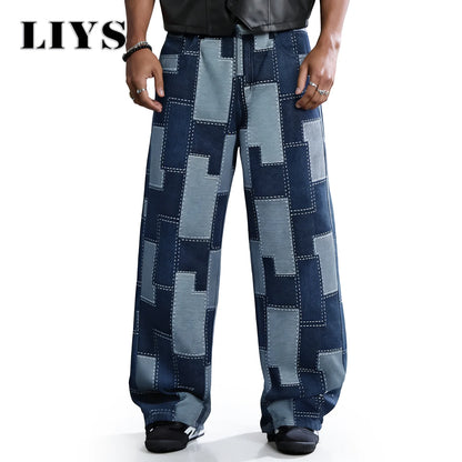 Pixel Pattern Wide Leg Baggy Jeans – Men's Street Denim Pants