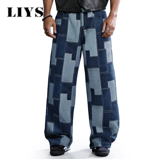 Pixel Pattern Wide Leg Baggy Jeans – Men's Street Denim Pants