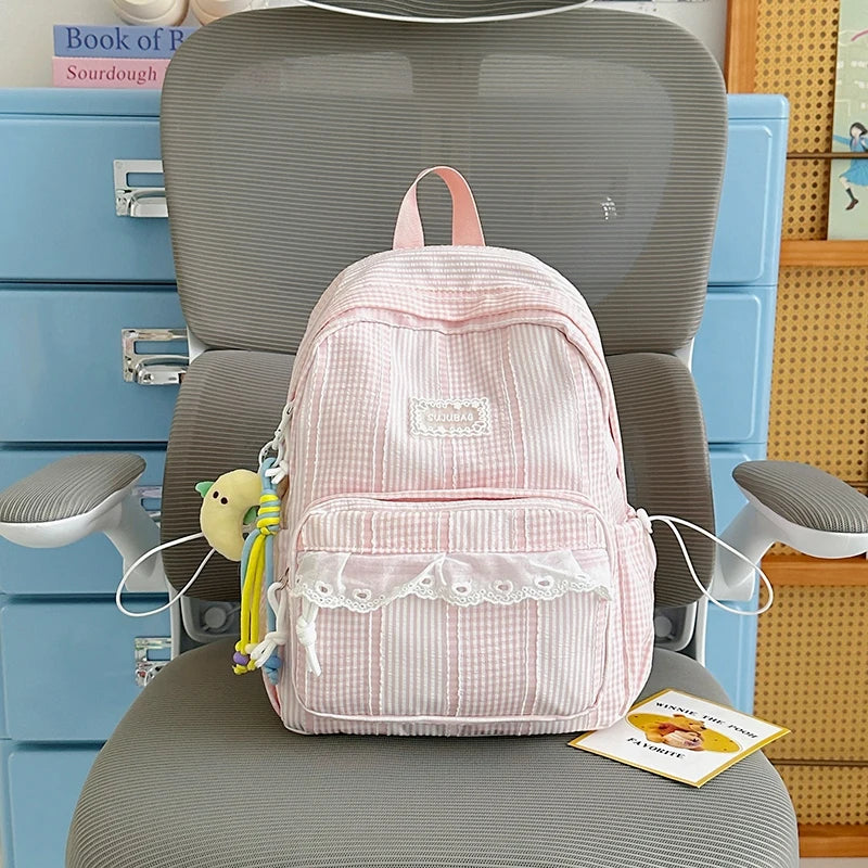 Sweet Style Girls Backpack – Cute Striped School Bag with Doll Charm