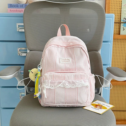 Sweet Style Girls Backpack – Cute Striped School Bag with Doll Charm