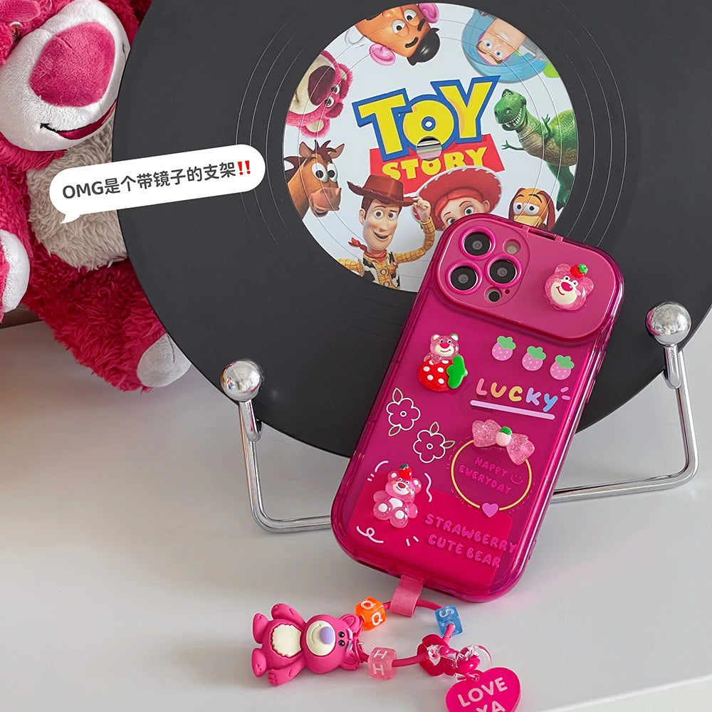 Cute Strawberry Bear iPhone Case with Mirror Stand & Charm Bracelet