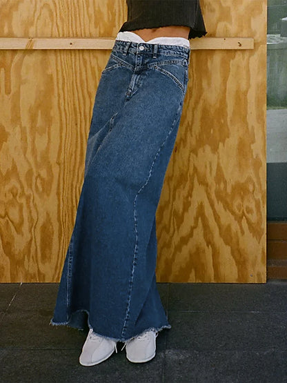 Y2K Vintage Denim Maxi Skirt – Women's A-Line Frayed Hem Long Jean Skirt