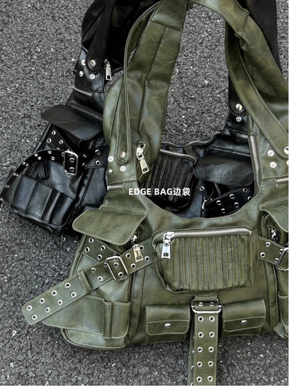 Leather Rivet Shoulder Bag – Edgy Patchwork Underarm Hobo Bag