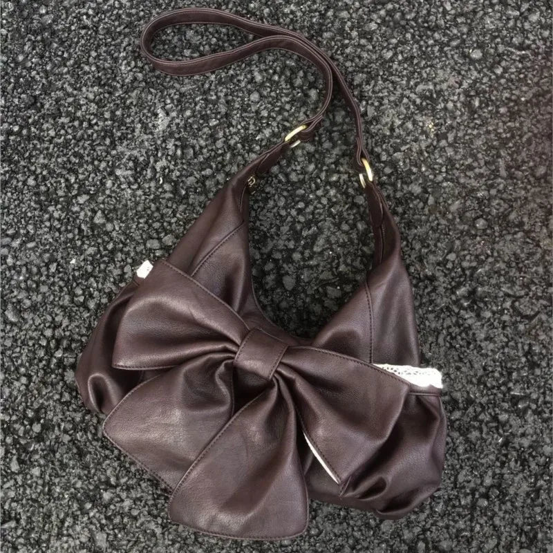 Korean Retro Bow Lace Tote Bag Women Brown Soft Leather Large Capacity