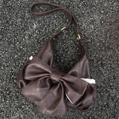 Korean Retro Bow Lace Tote Bag Women Brown Soft Leather Large Capacity