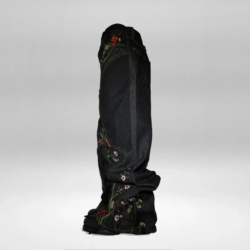 Floral Embroidery Wide Leg Jeans – Y2K Patchwork Unisex Harajuku Hip Hop Denim