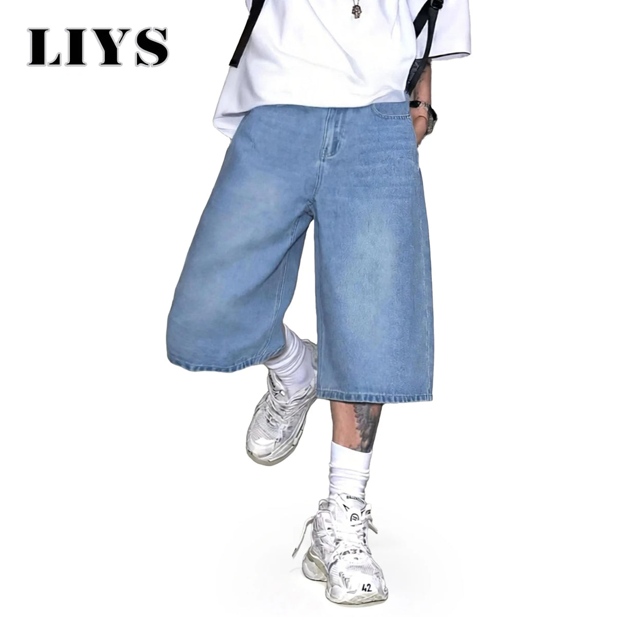 Baggy Wide-Leg Denim Shorts – Men's Light Blue Streetwear