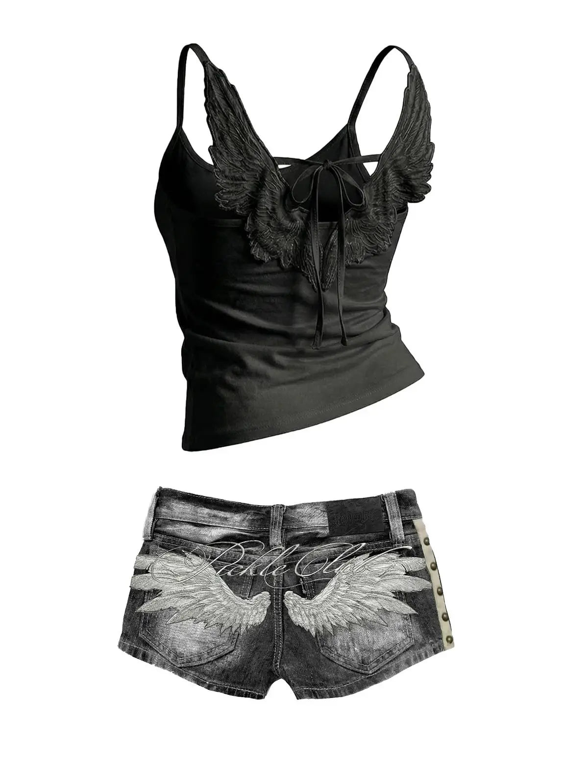 Y2K Angel Wings Vest & Denim Shorts Set – Punk Streetwear