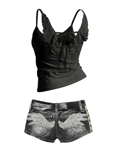 Y2K Angel Wings Vest & Denim Shorts Set – Punk Streetwear