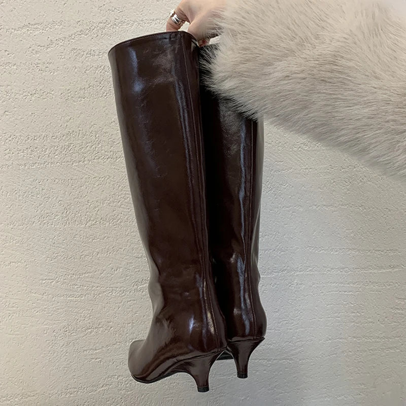 Women's Pointed Toe Kitten Heel Knee-High Boots