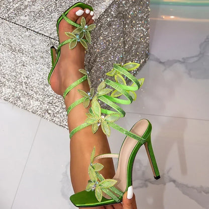 Eilyken Crystal Butterfly-Knot Stiletto Sandals – Peep Toe Ankle Strap Heels