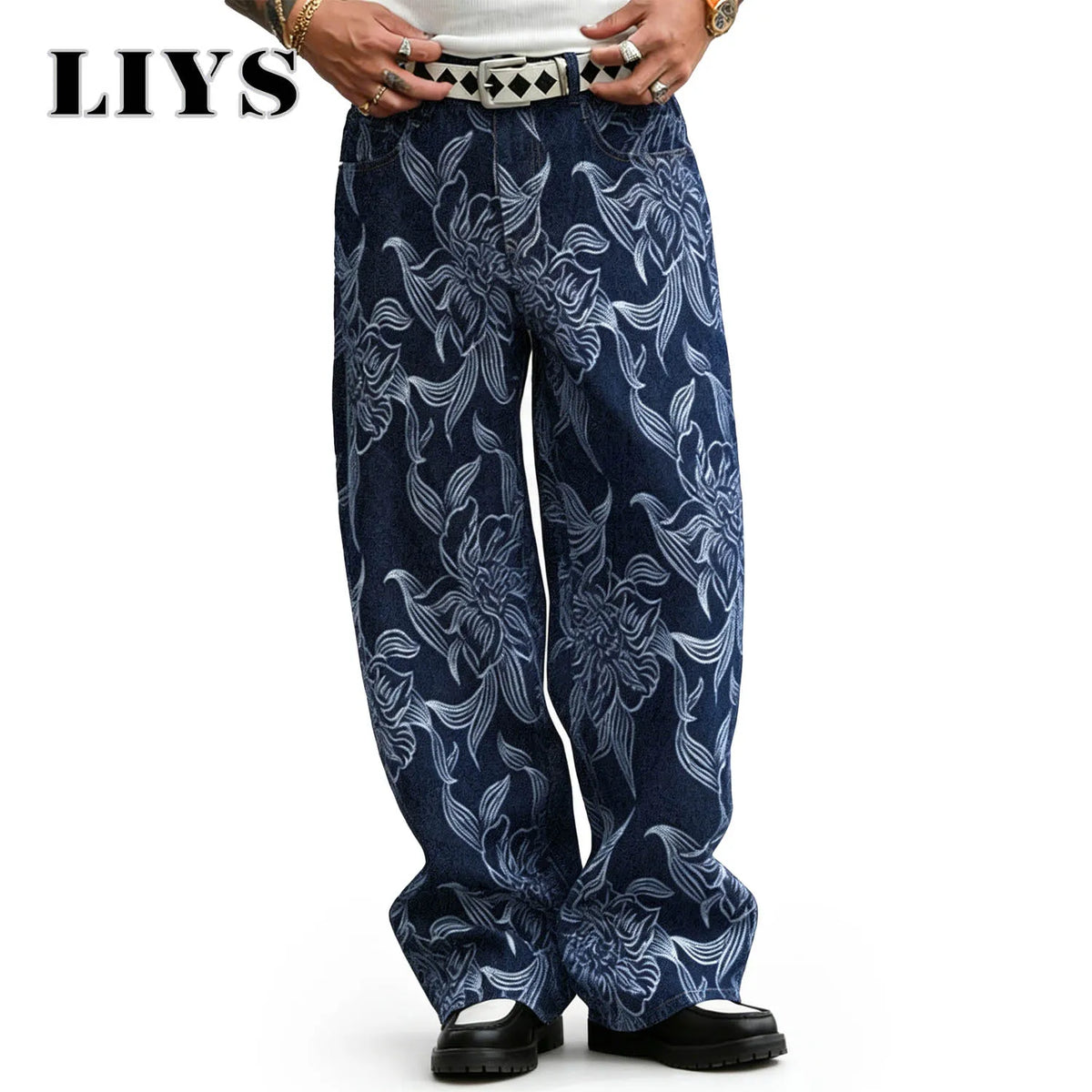 Men's Floral Print Loose Straight Jeans – Retro Streetwear