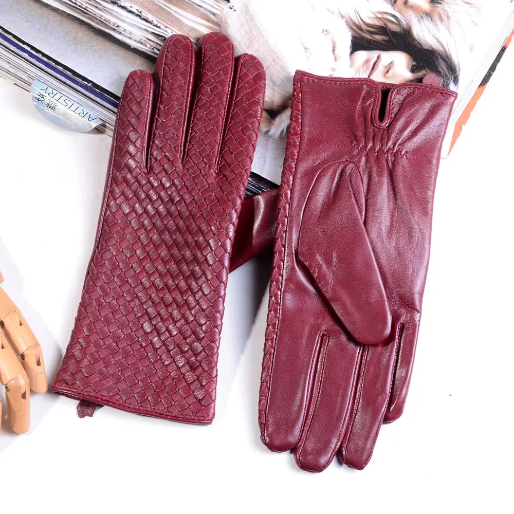 Women's Genuine Leather Gloves – Elegant Woven Design
