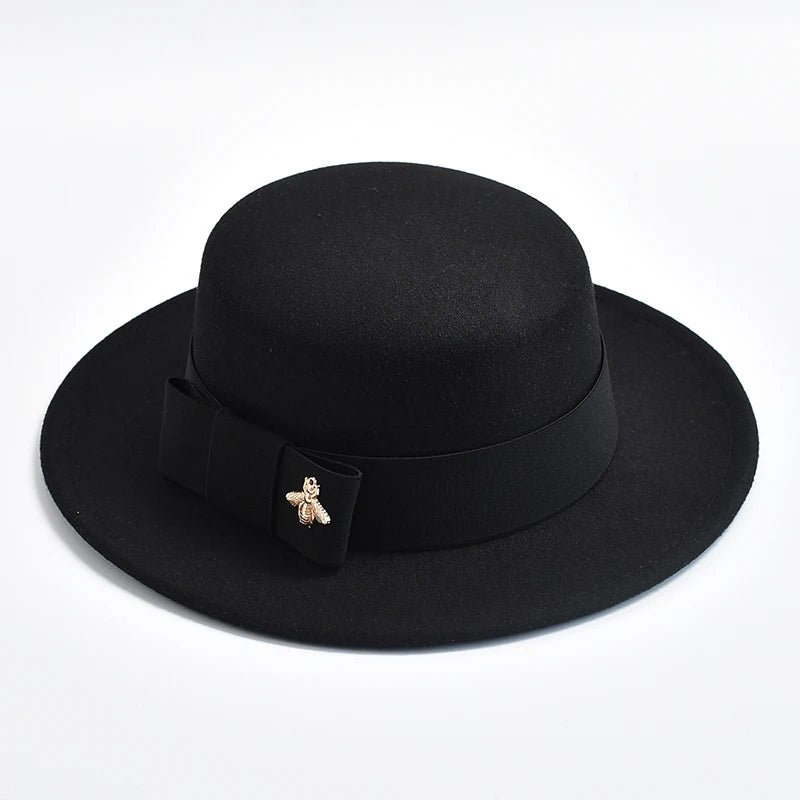 Women's Flat Top Fedora Hat – Bow & Bee Pin, Church & Party