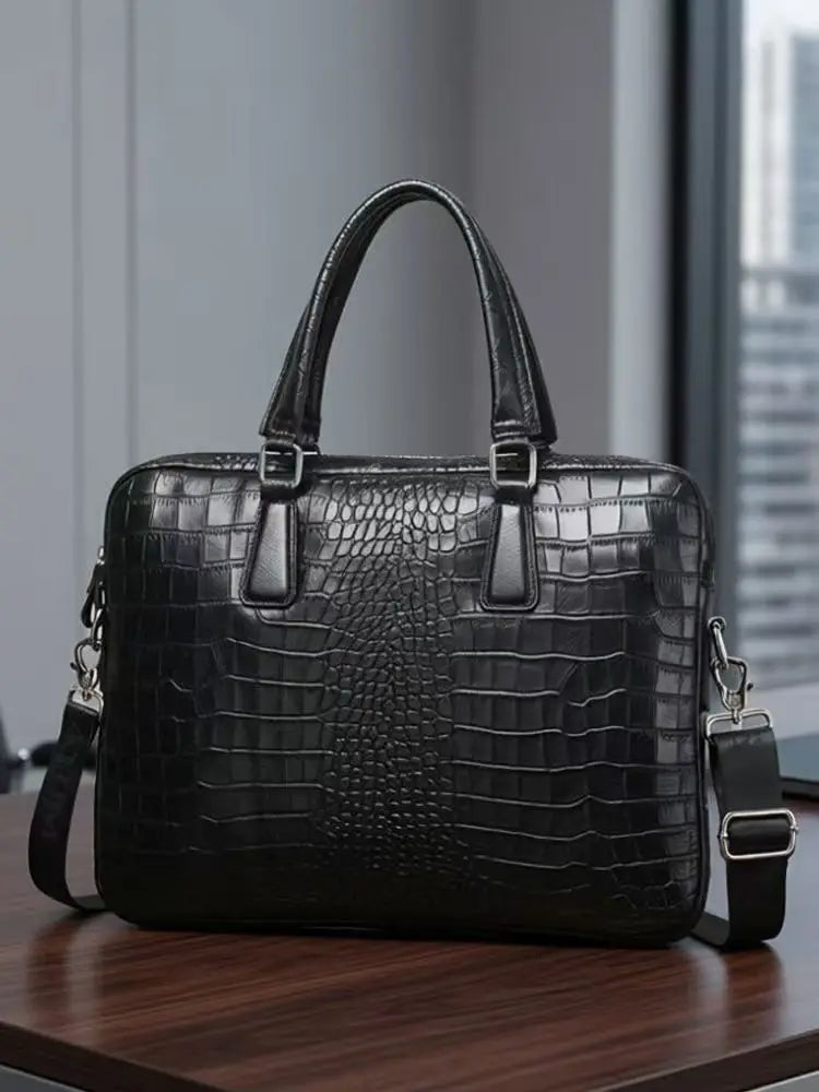 Men's Genuine Leather Briefcase – Crocodile Embossed Laptop Bag