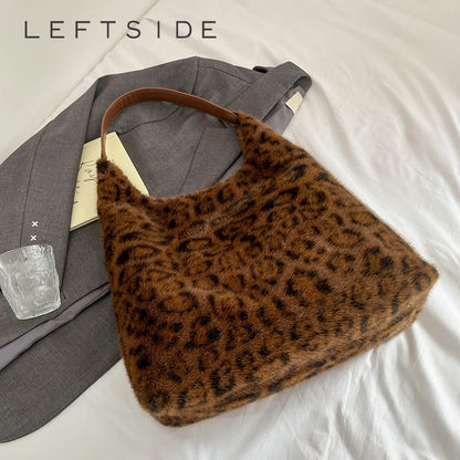 Leftside Soft Warm Faux Fur Leopard Shoulder Bags Women Winter Korean Handbags Trend Hobo Bag - Soft