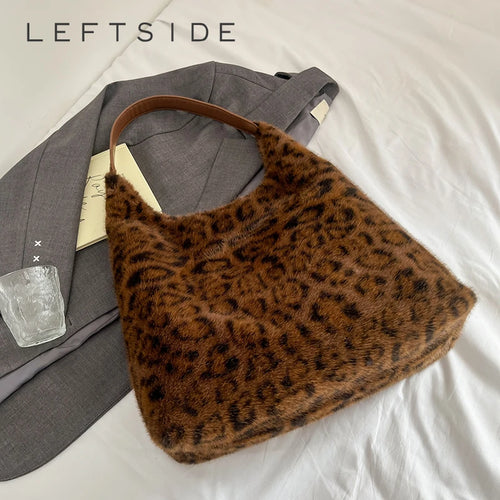 Leftside Soft Warm Faux Fur Leopard Shoulder Bags Women Winter Korean Handbags Trend Hobo Bag - Soft