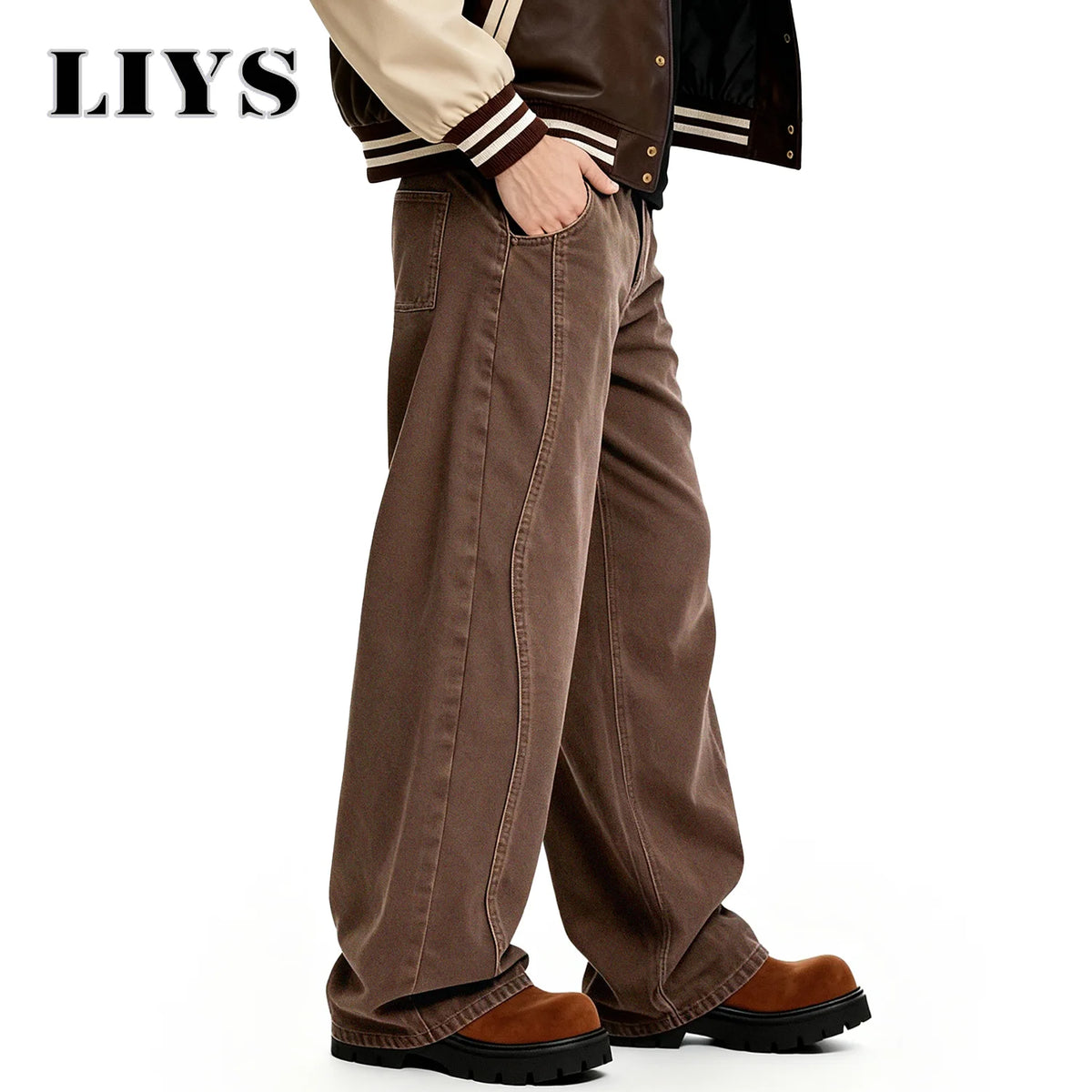 Brown Baggy Wide Leg Jeans – Retro Cartoon Embroidery Loose Denim Pants
