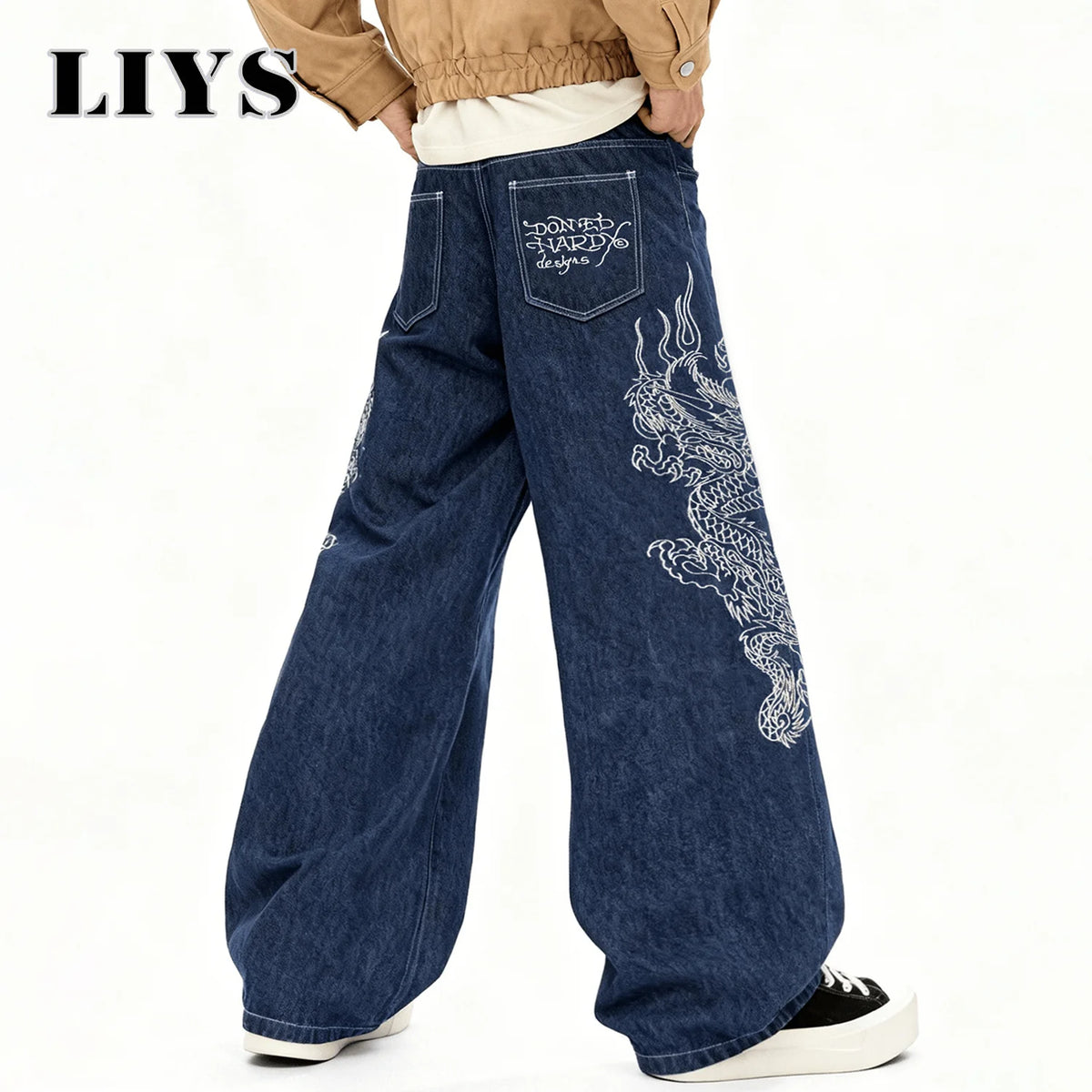 Dragon Embroidery Baggy Wide Leg Jeans for Men