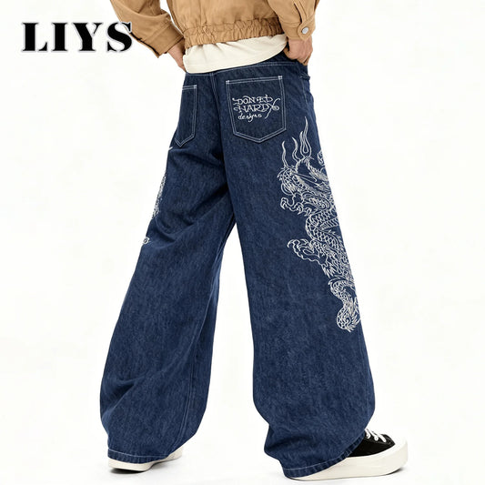 Dragon Embroidery Baggy Wide Leg Jeans for Men