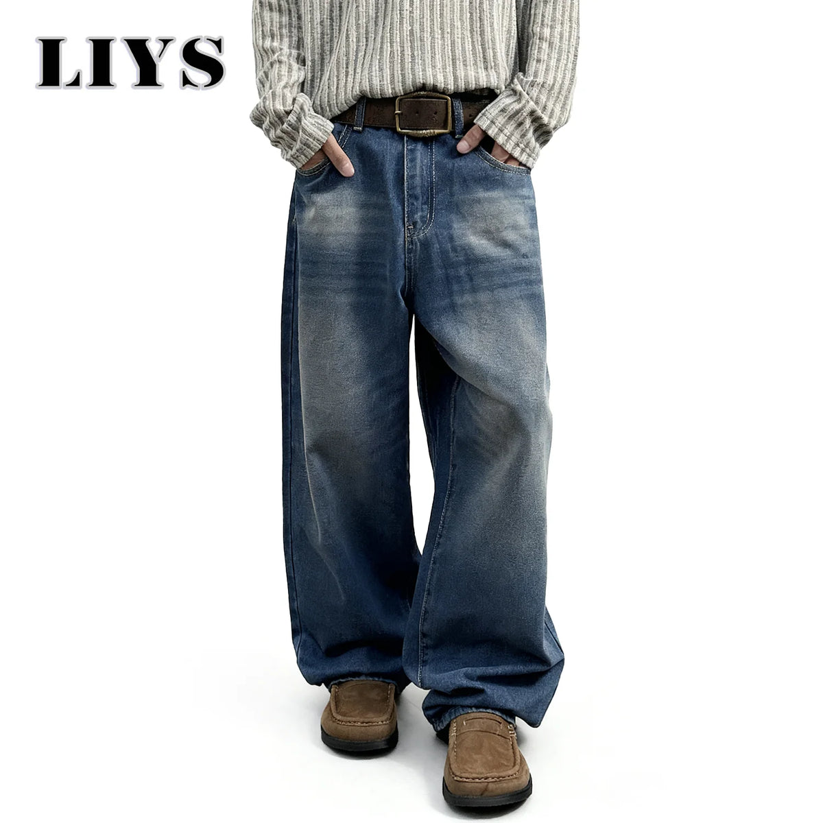 Men's Baggy Jeans – Retro Washed Blue Straight-Leg Denim Pants