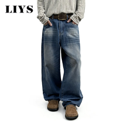 Men's Baggy Jeans – Retro Washed Blue Straight-Leg Denim Pants